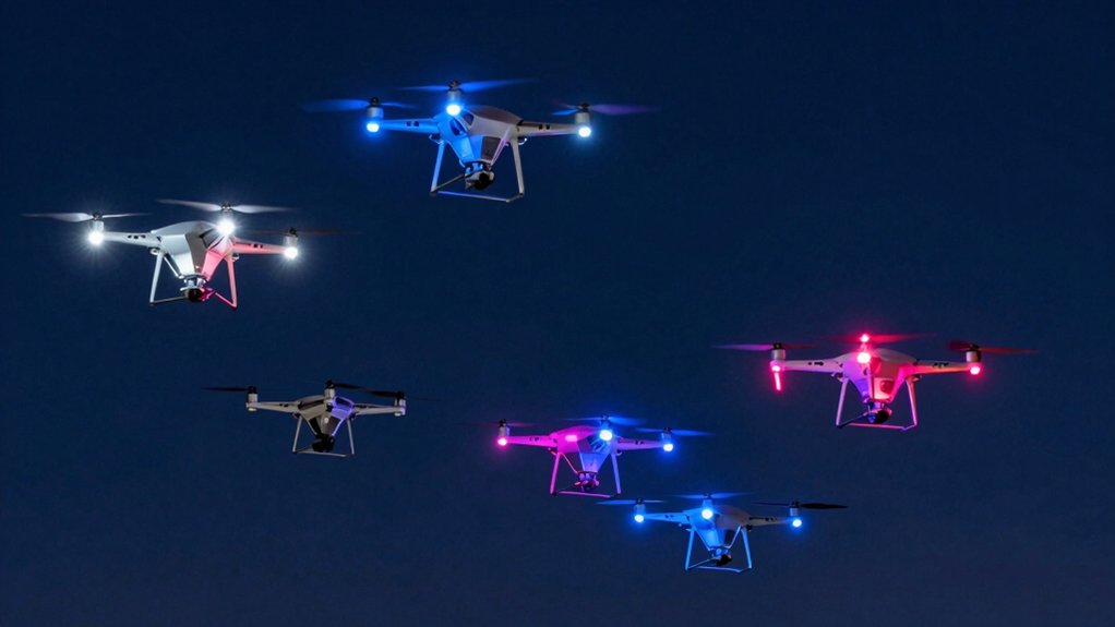 drones with bright lights after dark